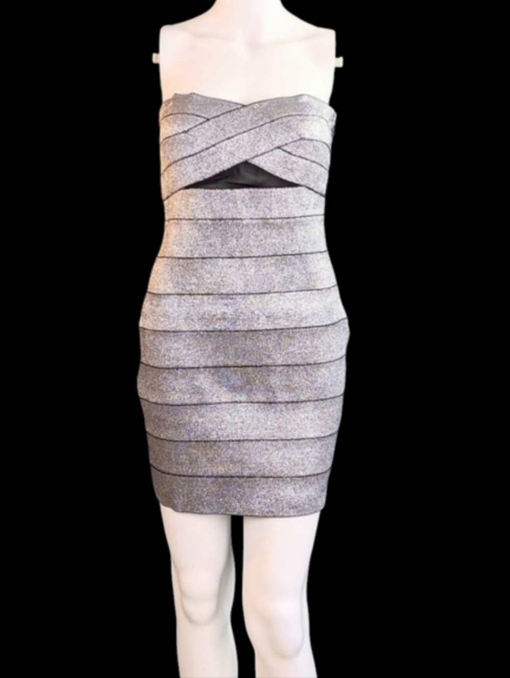 Wow Couture Silver Strapless Bandage Dress With Mesh Cutouts